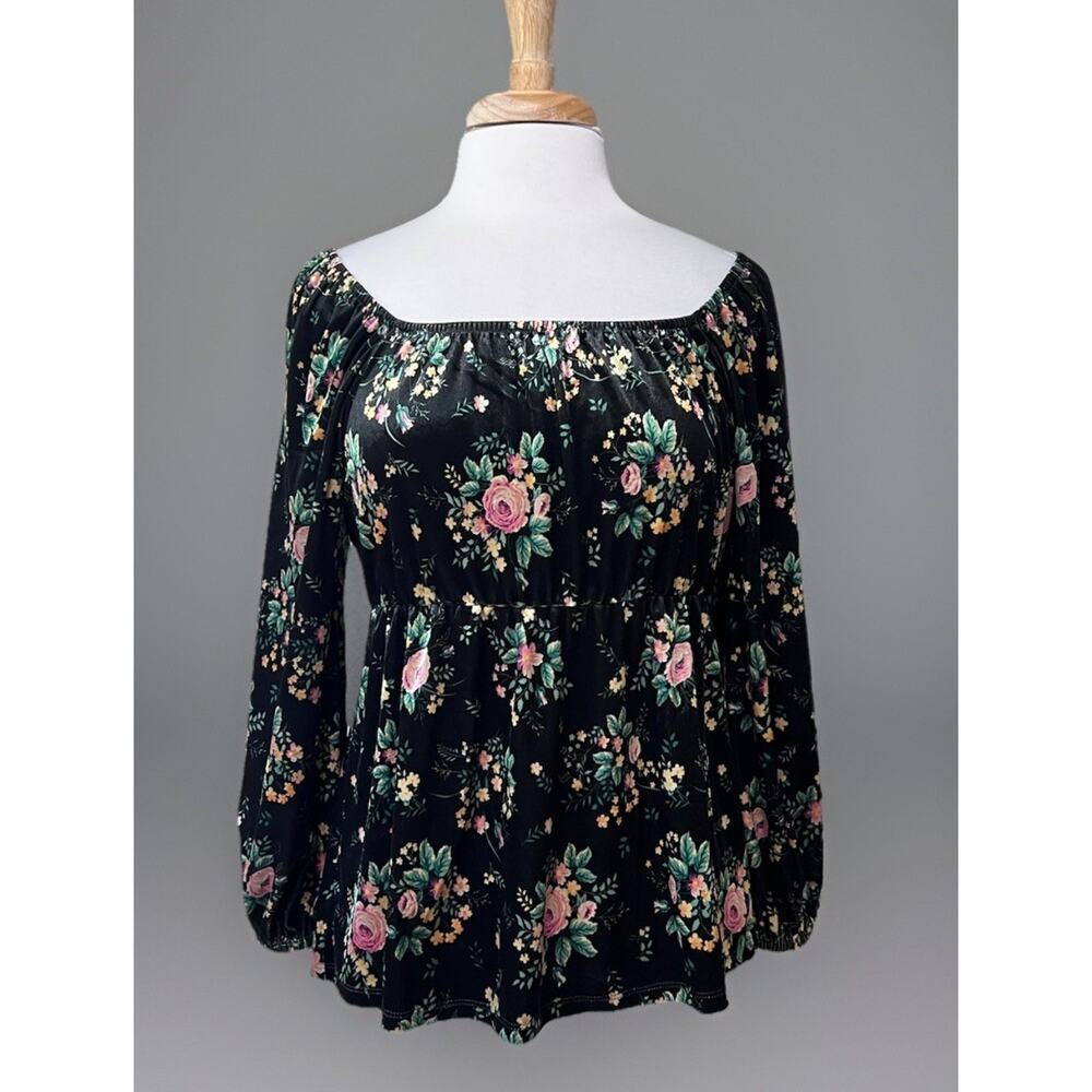Womens M Velvet Top Black Pink Floral Babydoll Whimsigoth Fairy Grunge